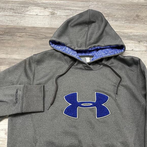 Under Armour Gray Blue Mens L‎ Big Logo Storm Fleece Cold Gear Pullover Hoodie - Picture 1 of 7
